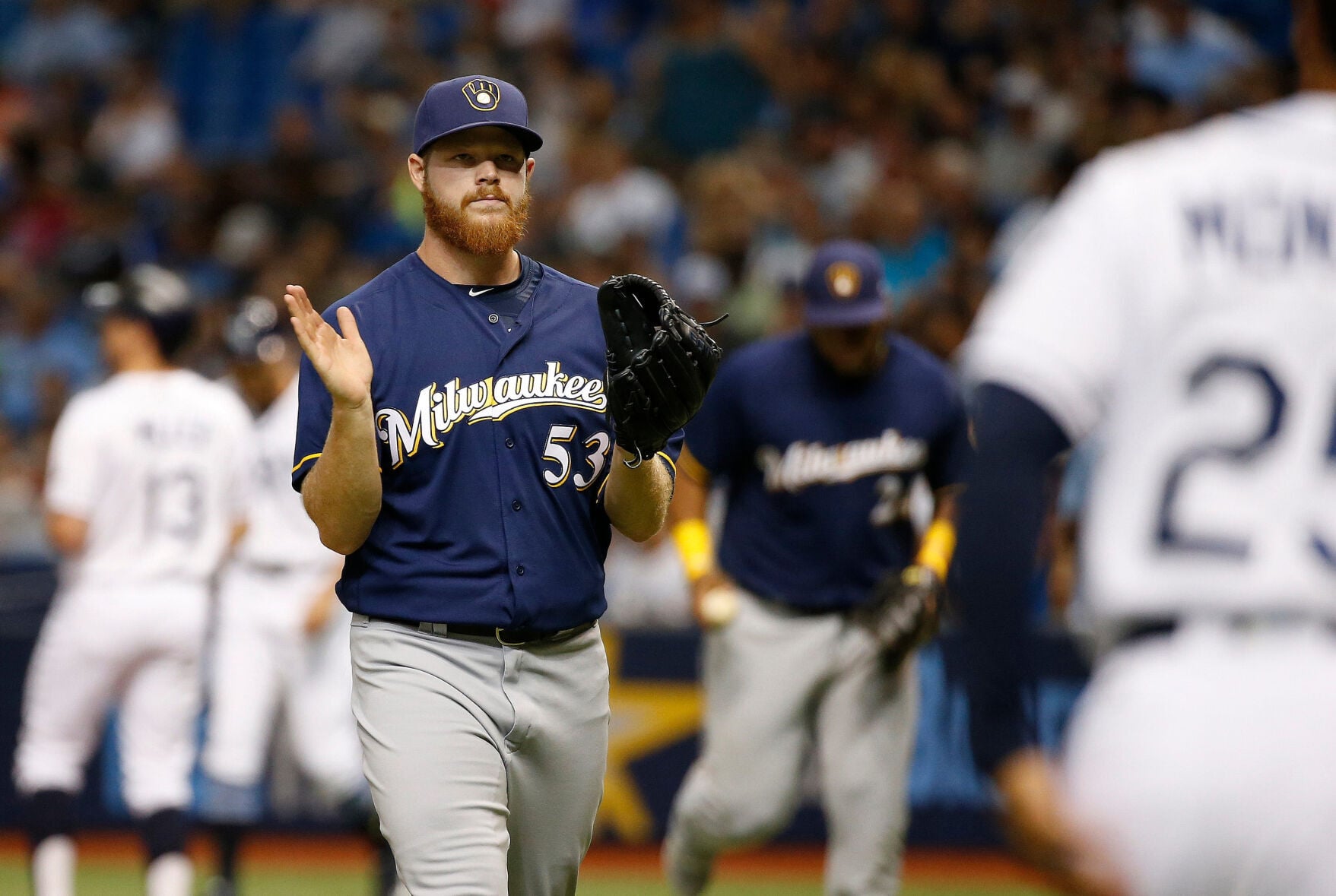 Aug 4, 2017; St. Petersburg, FL, USA; Milwaukee Brewers starting ...