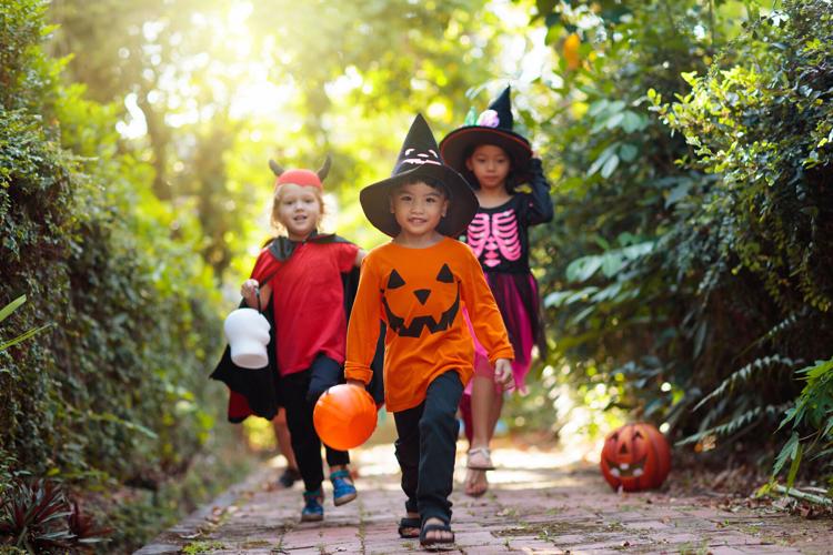 Kids trick or treat. Halloween fun for children.
