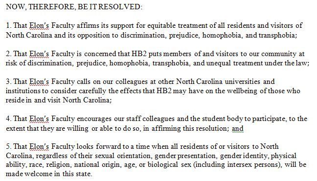 Elon faculty resolution HB2
