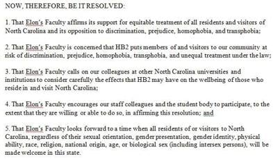 Elon faculty resolution HB2