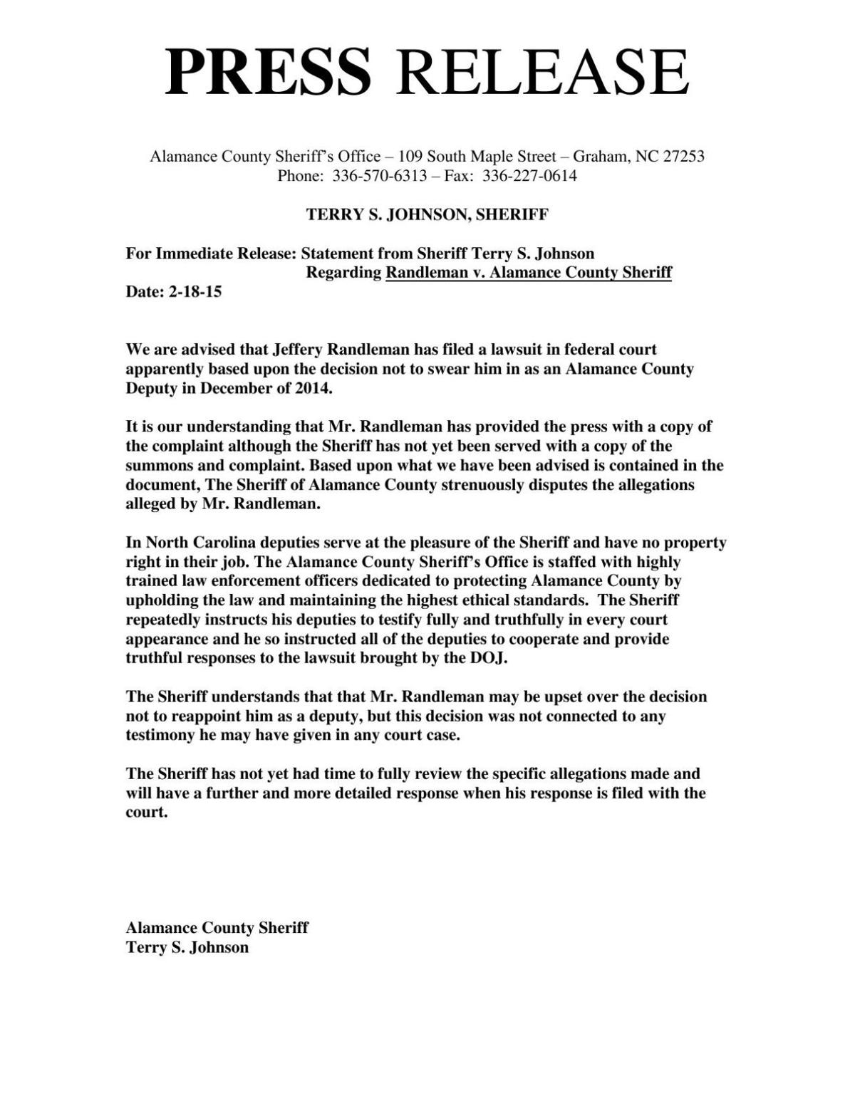 Sheriff Terry Johnson's response