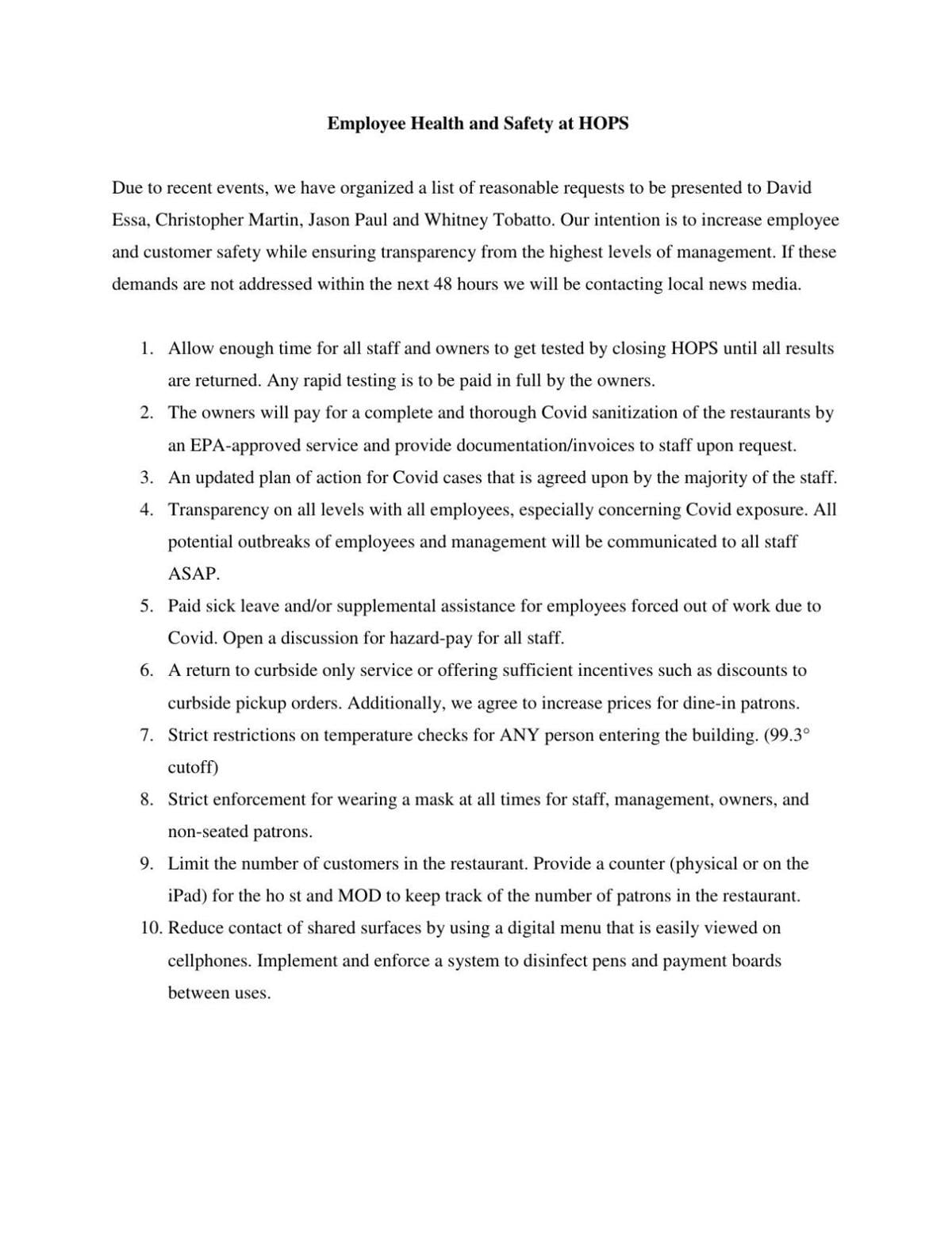 Hops workers requests to management