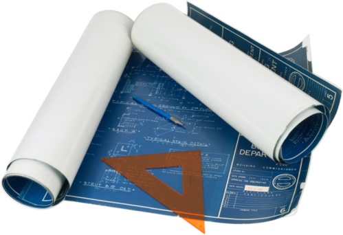 blueprints with pencil and triangle development corporate park