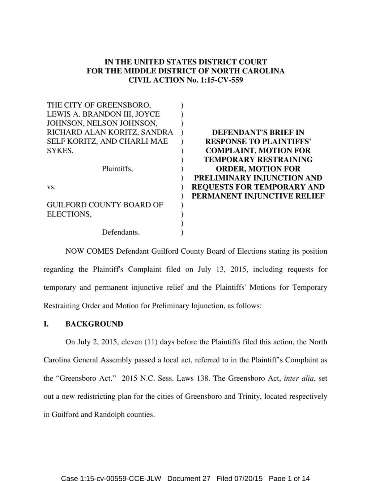 Guilford County reply brief in Greensboro city council lawsuit