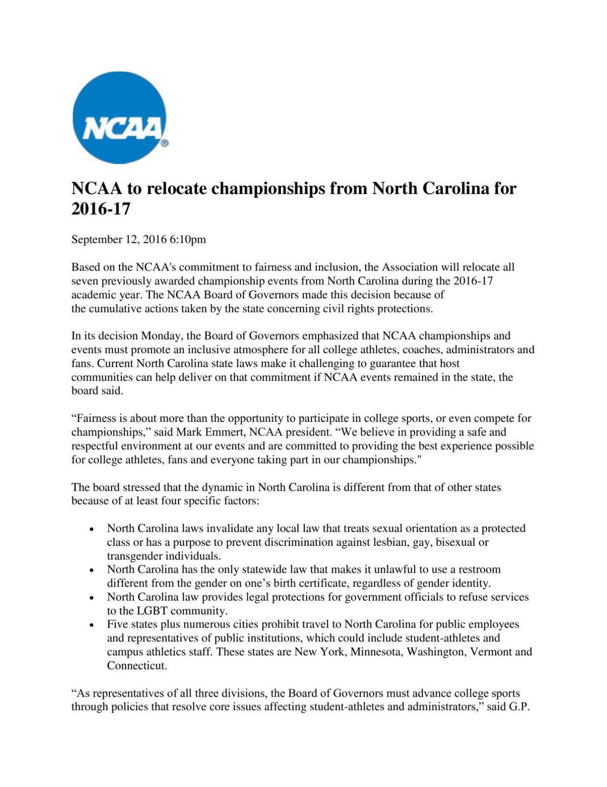 NCAA statement on North Carolina championships
