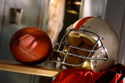 Football, jersey, helmet, locker room