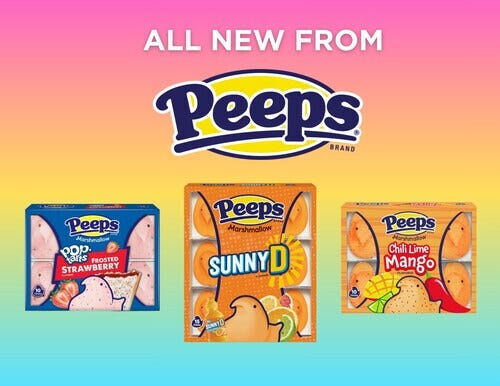 Peep's 2026 lineup features three bold new flavors: Pop-Tarts™ Frosted Strawberry, Chili Lime Mango and SunnyD Flavored Marshmallow Chicks.