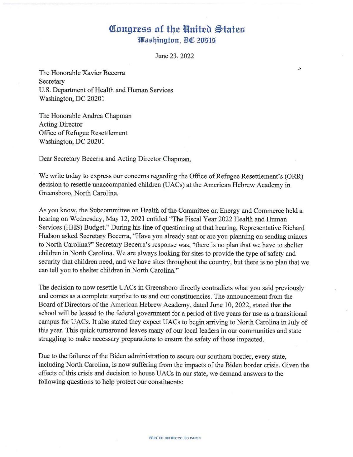 NC GOP Delegation Letter to HHS