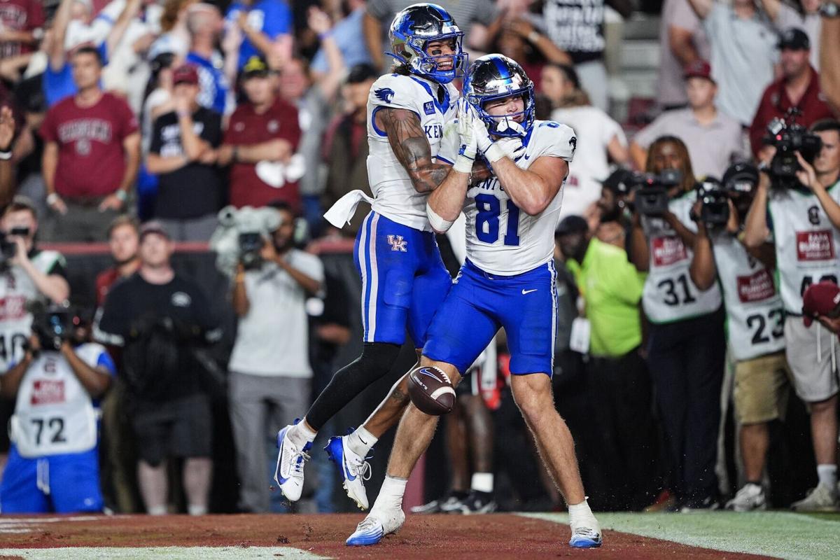 Kentucky tight end Willie Rodriguez celebrates with wide receiver Nic Anderson after defeating South Carolina, 35-34, at Williams-Brice Stadium on Saturday, Oct. 3, 2026, in Columbia, South Carolina.