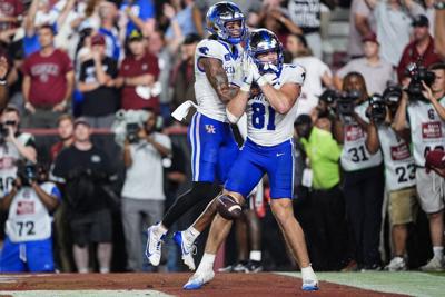 Kentucky tight end Willie Rodriguez celebrates with wide receiver Nic Anderson after defeating South Carolina, 35-34, at Williams-Brice Stadium on Saturday, Oct. 3, 2026, in Columbia, South Carolina.
