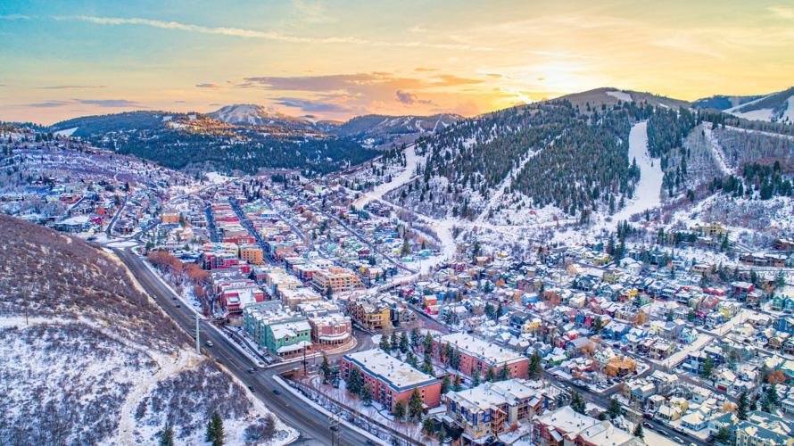 Downtown Park City, Utah, USA Drone Skyline Aerial.