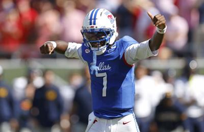 SMU quarterback Kevin Jennings celebrates a touchdown during the second half against California at Gerald J. Ford Stadium on Saturday, Oct. 24, 2026, in Dallas.