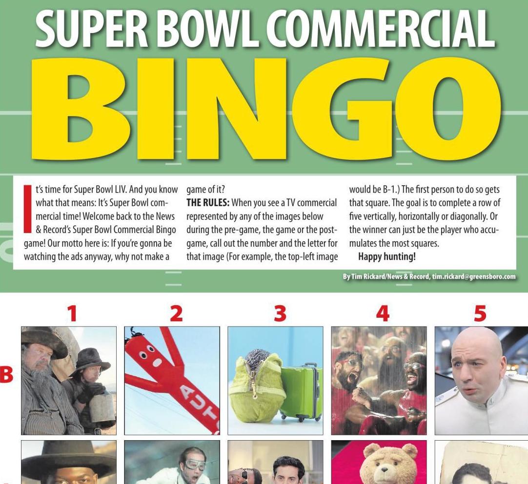 Super bowl commercial bingo 2020 free printable