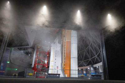 The shuttle film theater is the first stop for visitors. After the short film, the screen and wall are dramatically retracted, revealing the shuttle at the Samuel Oschin Air and Space Center on Thursday, Oct. 22, 2026, in Los Angeles, CA.. The Samuel Os...