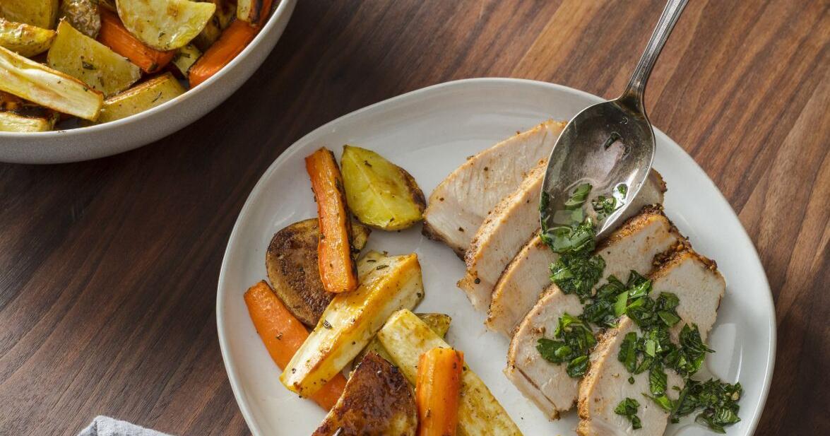 Recipe Swap: Thick pork chops, roasted vegetables make a weekend-worthy meal on a weeknight
