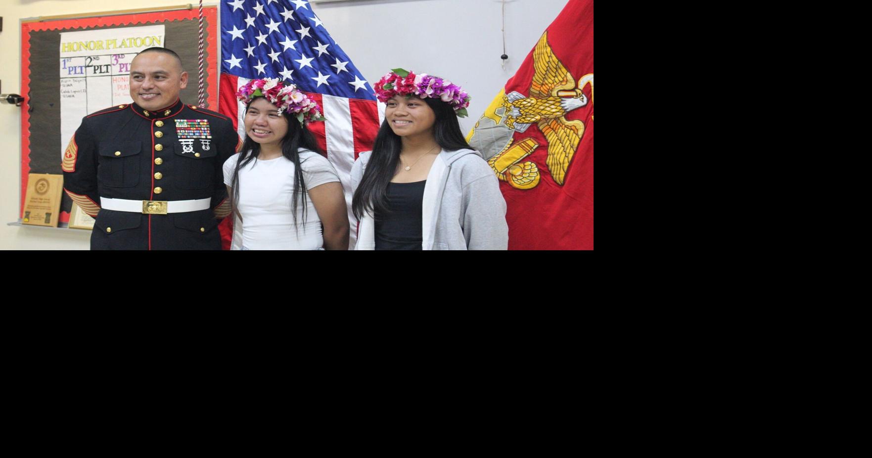 post USMC swearing in_AAguon_SSacueza and SgtMaj Santiago.jpg ...