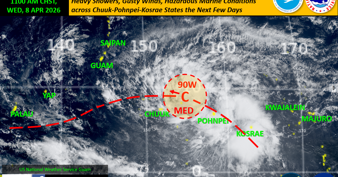 NWS: 90W likely to develop into tropical depression, could bring gusty winds to Guam