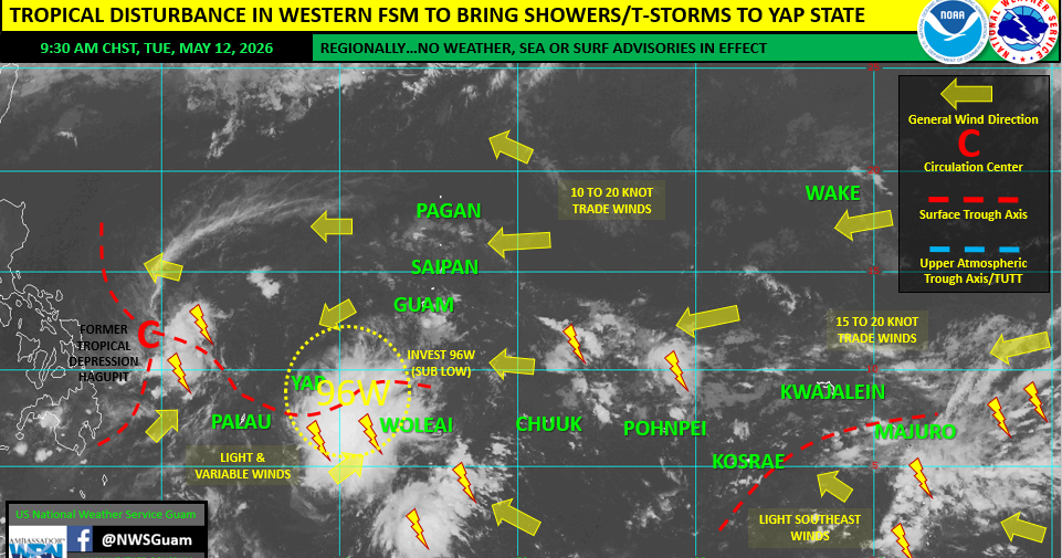 NWS: 96W brings showers to Yap, possibly Palau