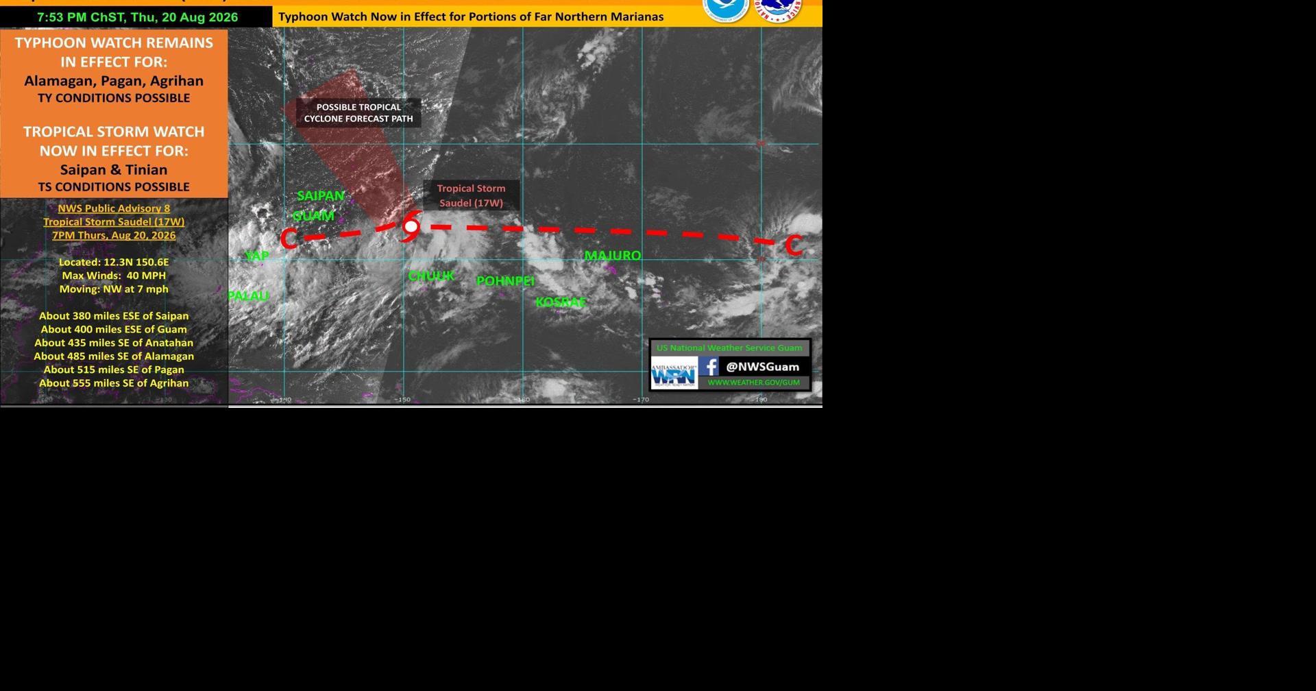 UPDATED: Saudel puts tropical storm watch over Saipan, Tinian; very low chance of Guam getting hit