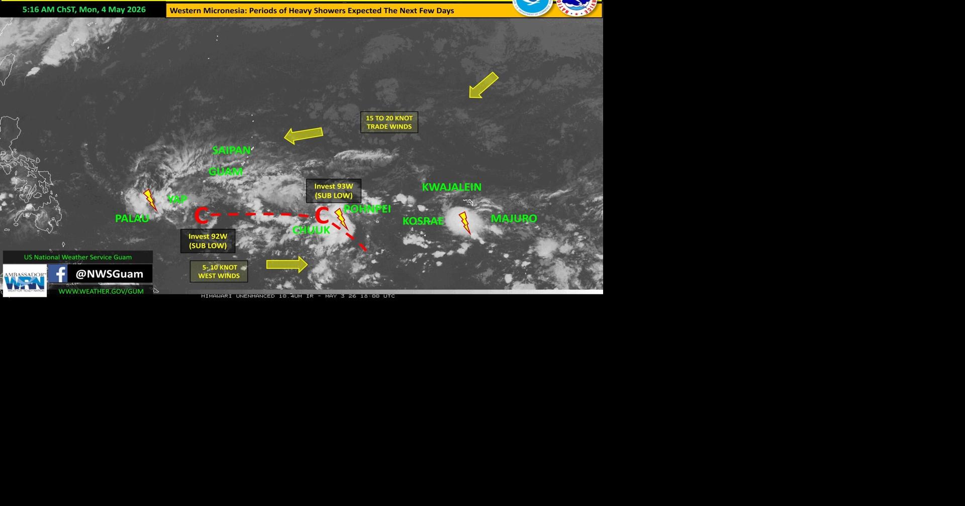 NWS expects Invest 93W near Chuuk to strengthen over next few days; Invest 92W forms near Yap