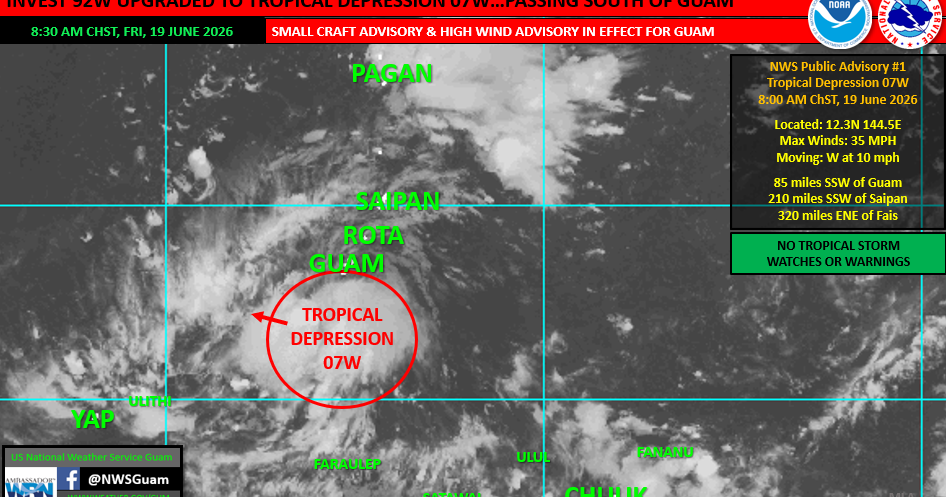 Tropical Depression 07W passed Guam Thursday night with gusts up to 55 mph