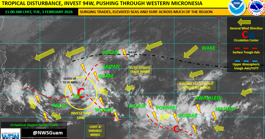 NWS: Showery pattern across Marianas; Invest 94W brings heavy rain to Yap, Palau