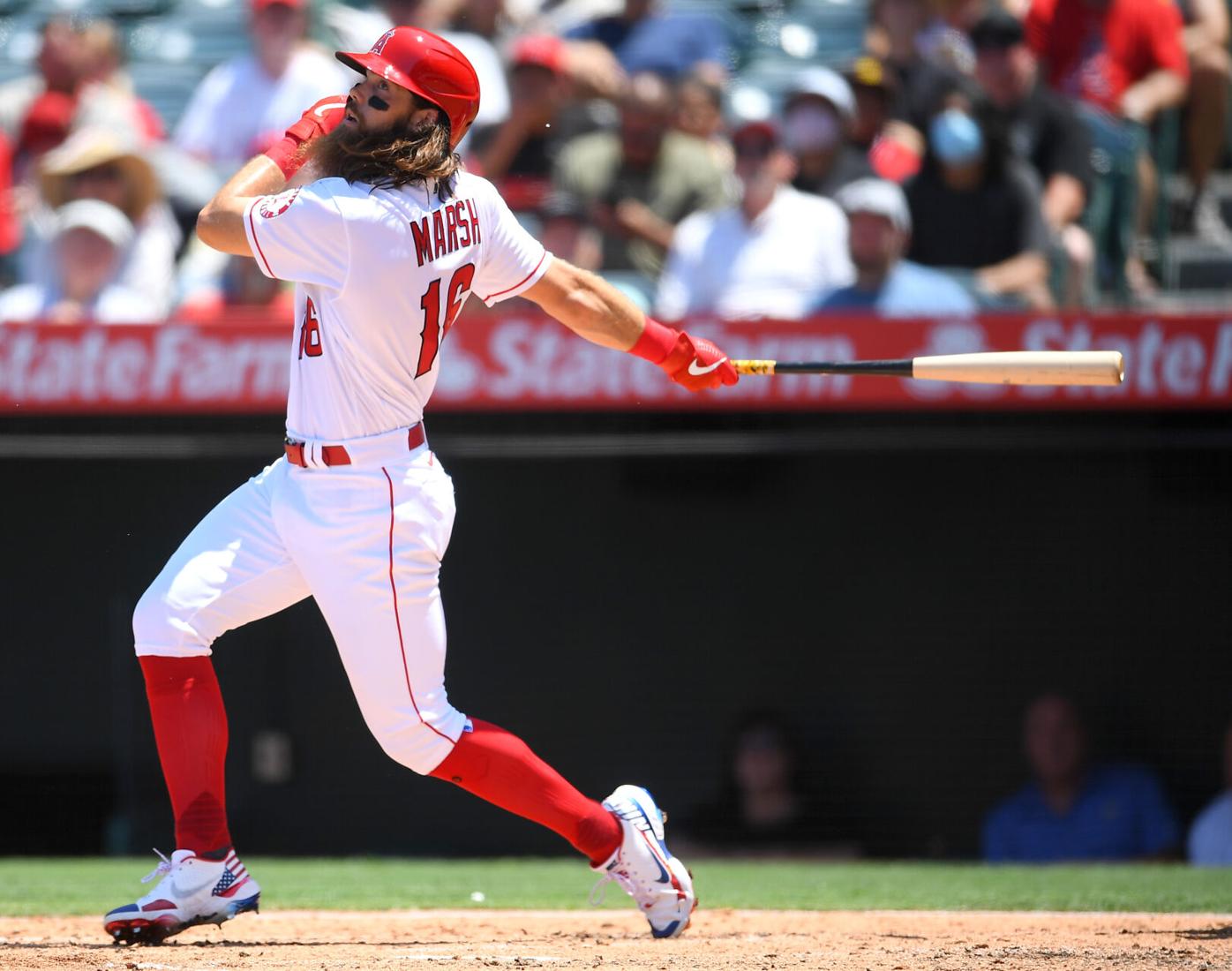 Brandon Marsh of the Los Angeles Angels pours water on his hair in News  Photo - Getty Images