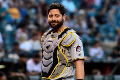 Francisco Cervelli of the Pittsburgh Pirates plays first base during