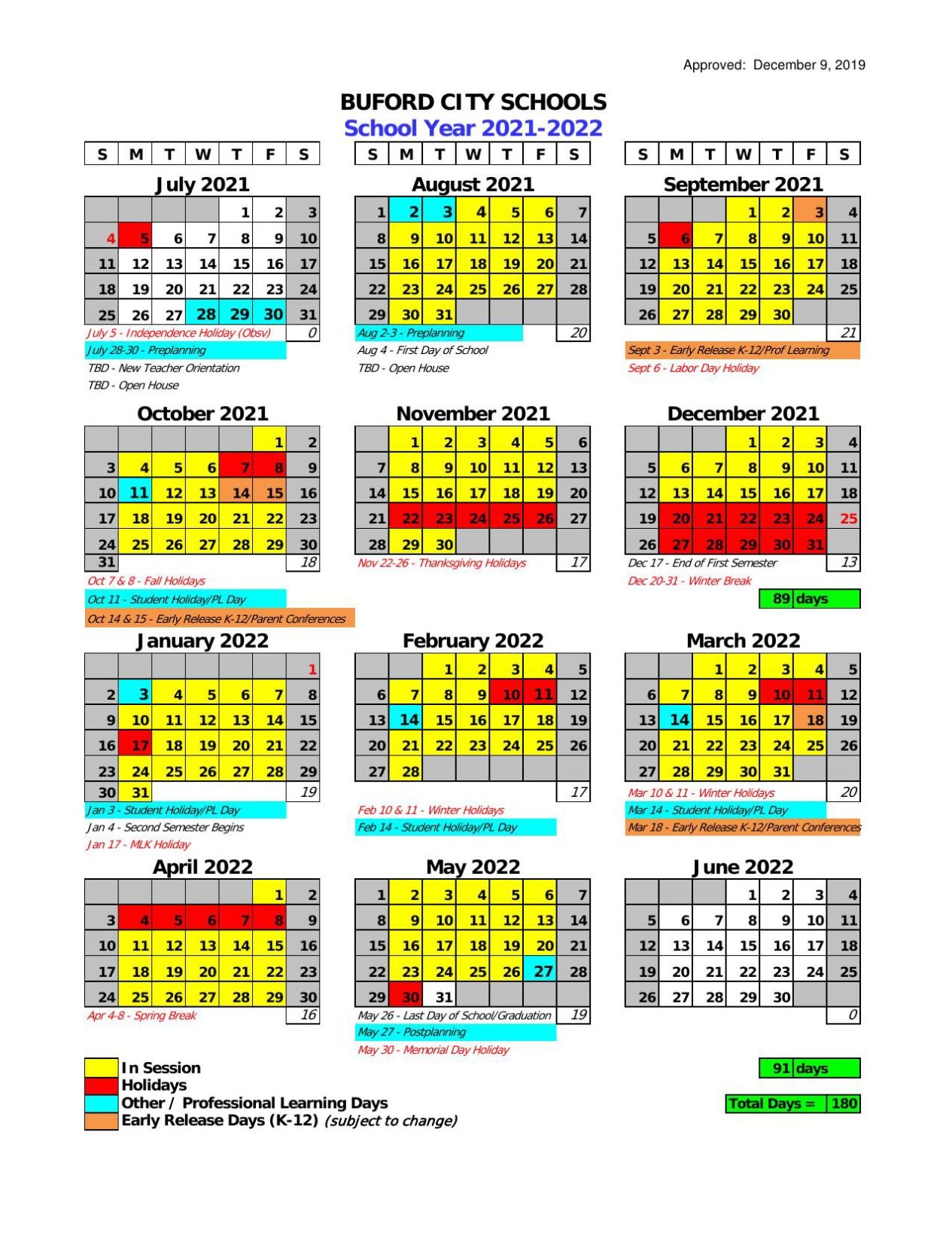 Buford City Schools 202122 School Calendar