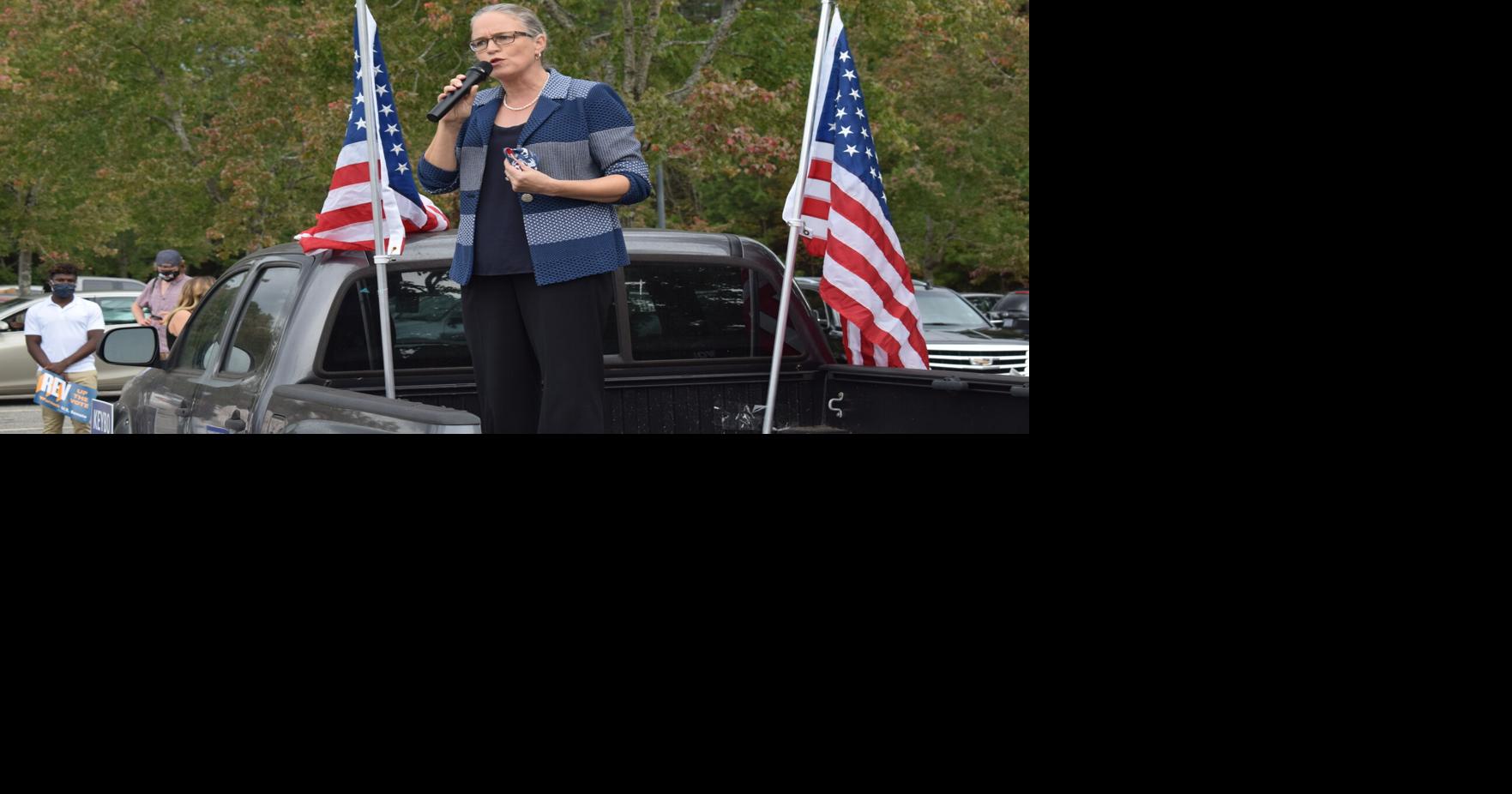 Carolyn Bourdeaux speaking at Democratic PArty rally in Duluth