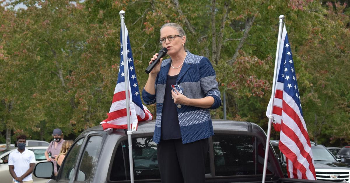 Carolyn Bourdeaux speaking at Democratic PArty rally in Duluth