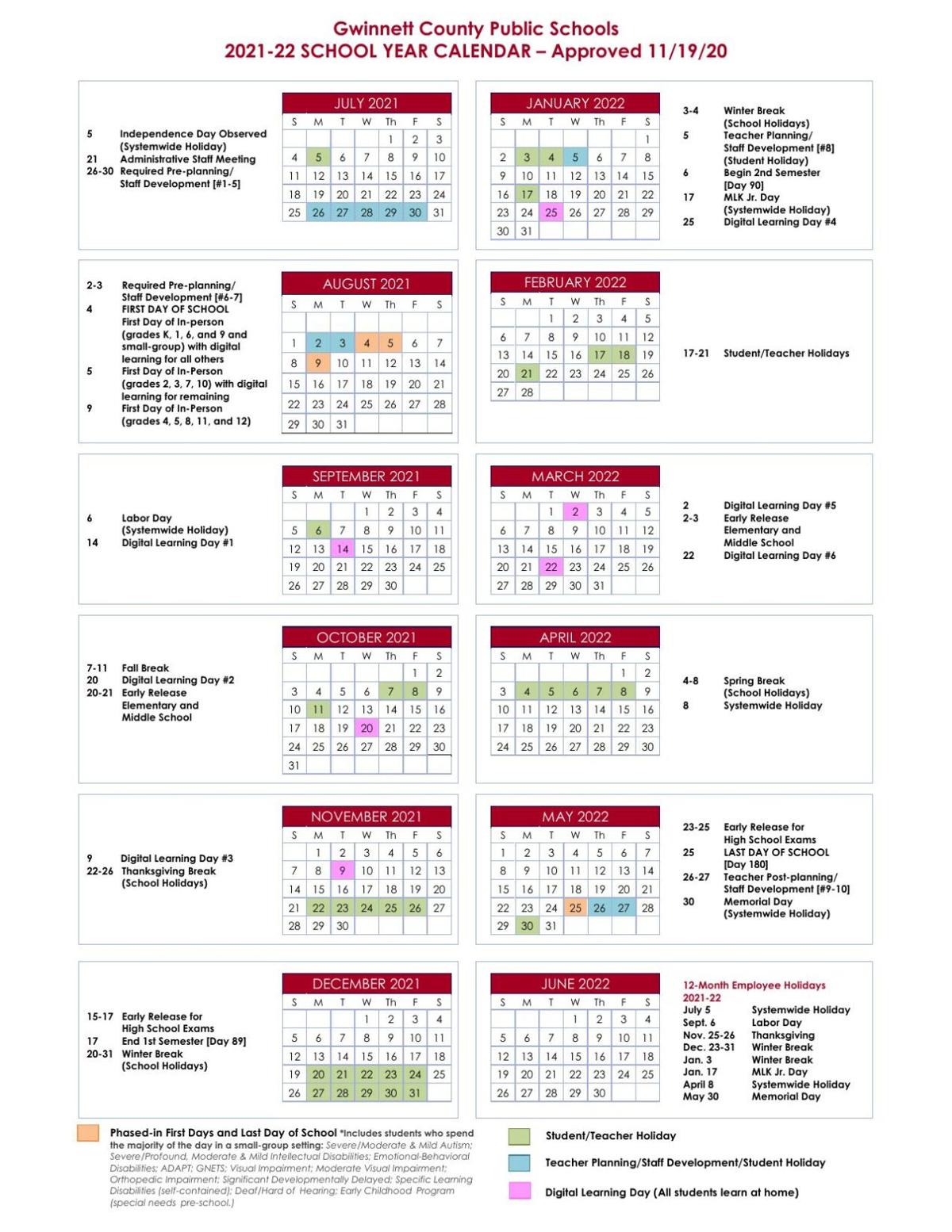 Gwinnett Calendar 2022 Gwinnett County Public Schools' 2021-2022 School Year Calendar | |  Gwinnettdailypost.com