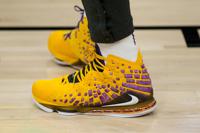 A detail view of the shoes worn by Los Angeles Lakers forward