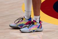 A detail view of the shoes worn by Denver Nuggets guard Jamal Murray (27)  in the third quarter against the Phoenix Suns at Ball Arena.
