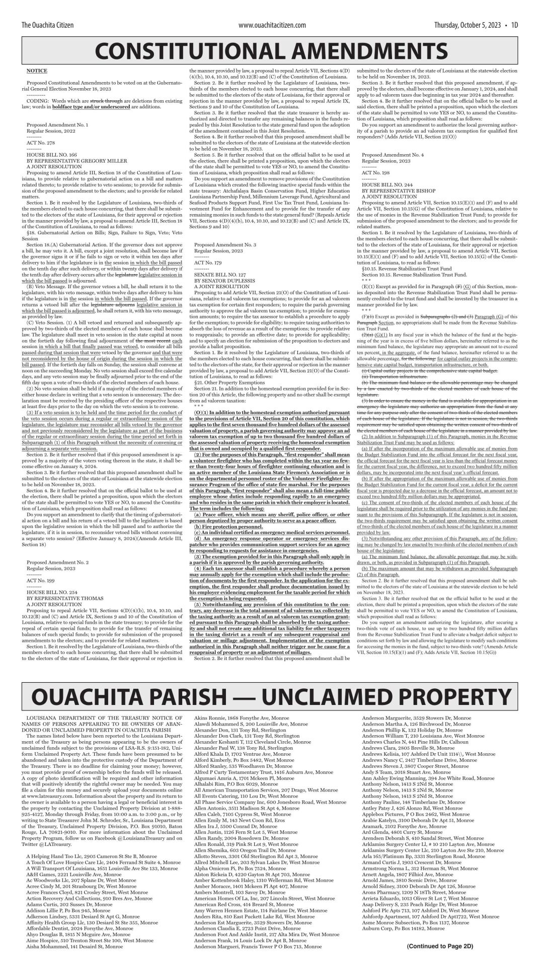 Public Notices Oct. 5, 2023 Amendments Unclaimed Property The