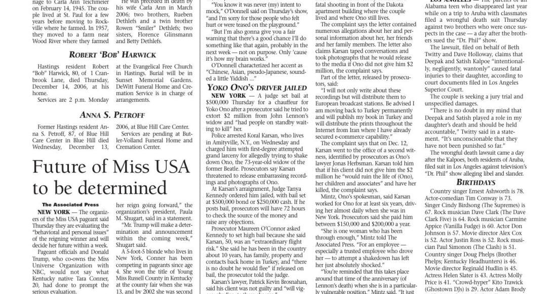 Obituaries, Dec. 15, 2006 History