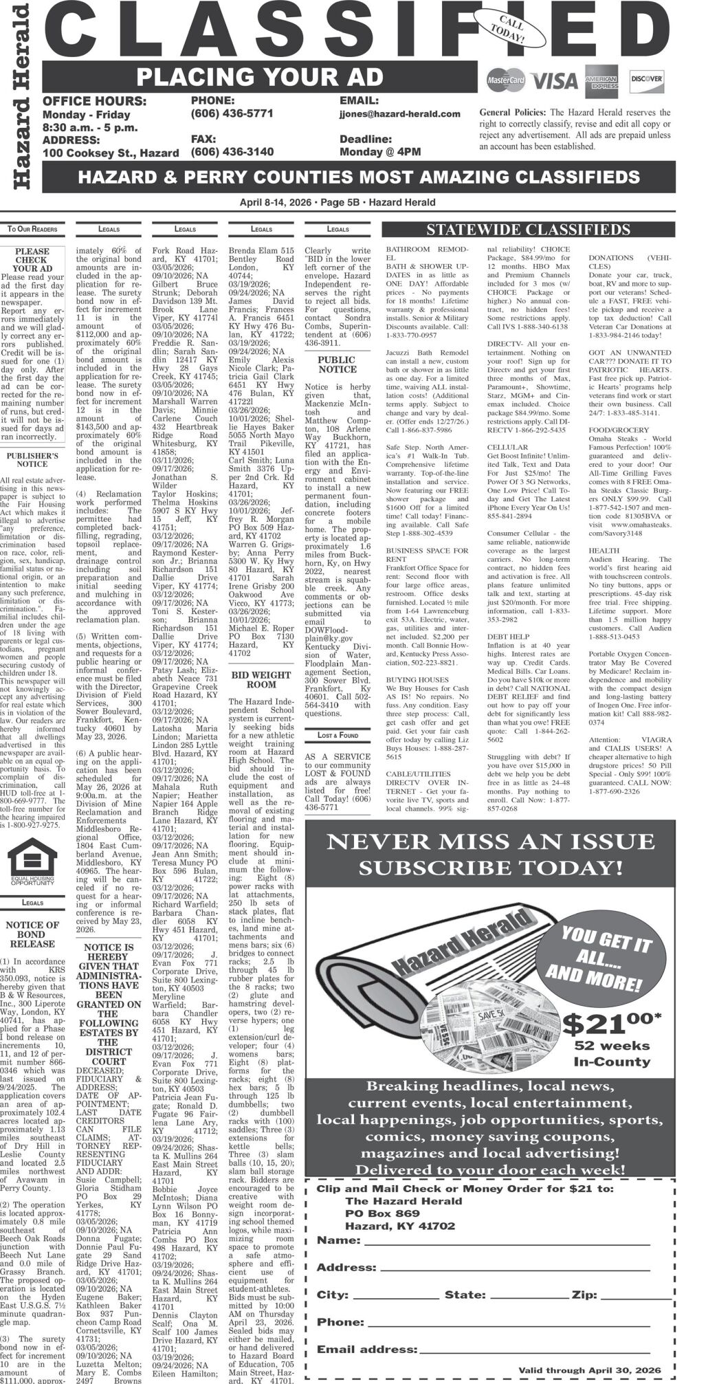 Classifieds 4-8-26 | Classifieds New | hazard-herald.com