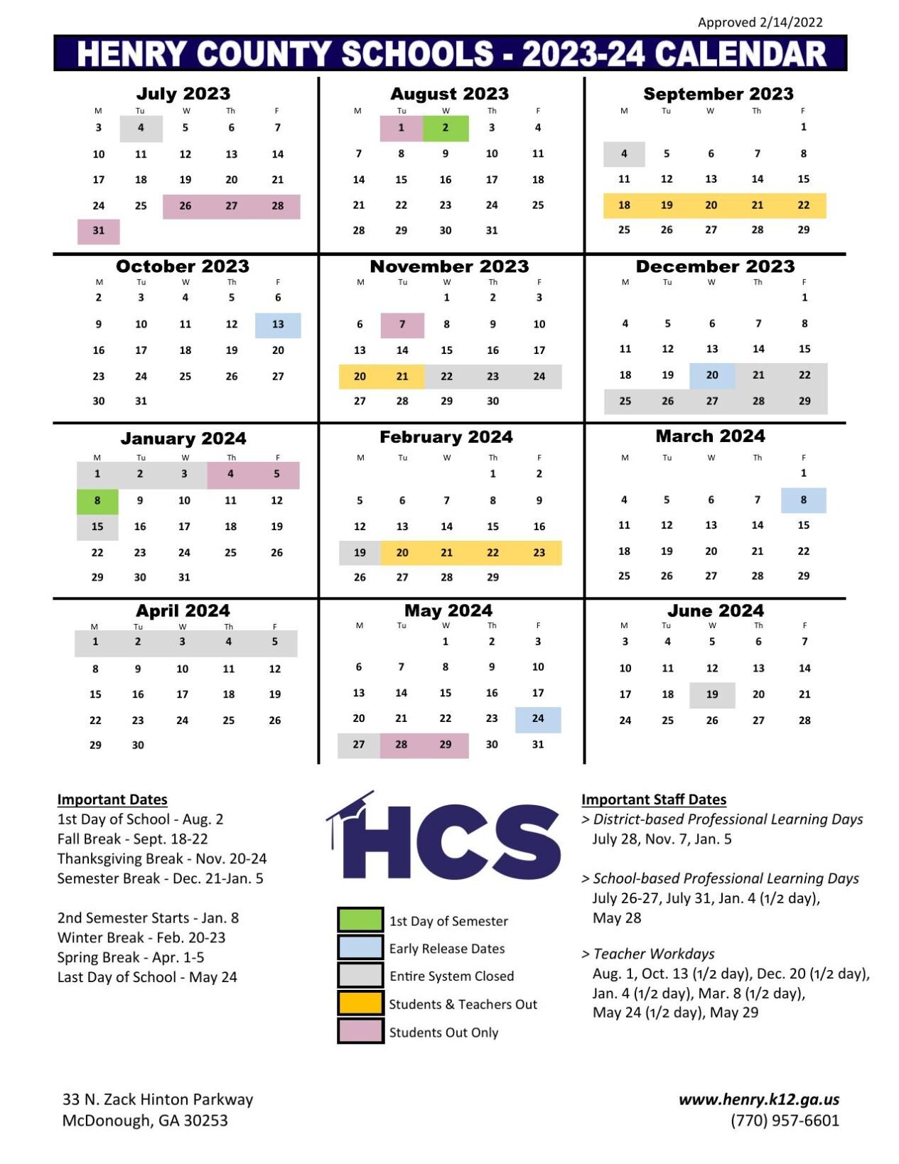 Henry County School Calendar For 2024 At A Glance Calendar 2024