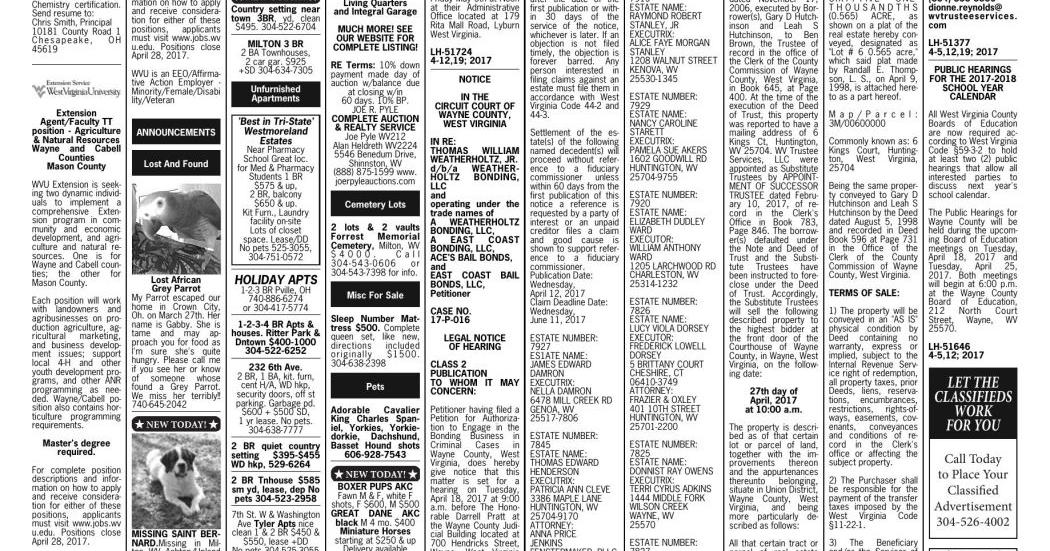 April 12, 2017 Classifieds | Wc Classifieds | herald-dispatch.com April 12, 2017 Classifieds | Wc Classifieds | herald-dispatch.com