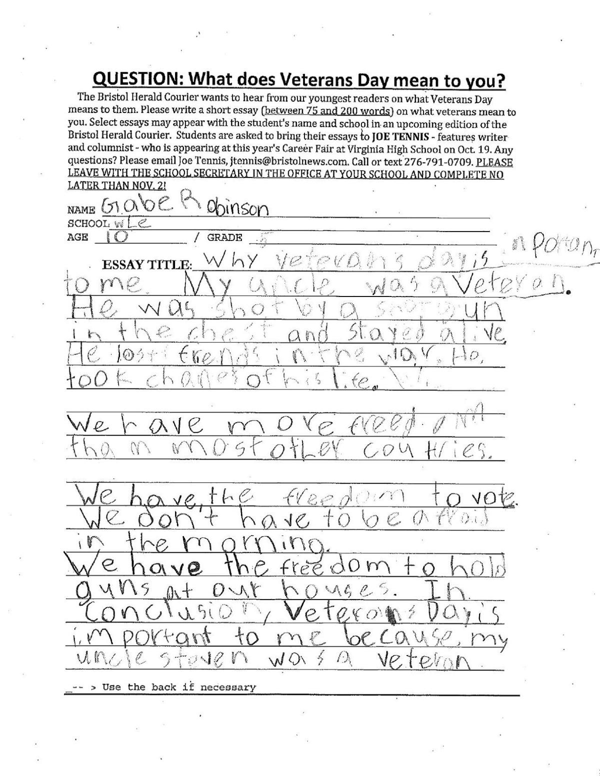 High School Entrance Essay Samples Download Pdf Gabe Robinson Argumentative Essay Thesis Examples also Easy Essay Topics For High School Students Veterans Day Essays From Local Elementary School Students News College Essay Thesis