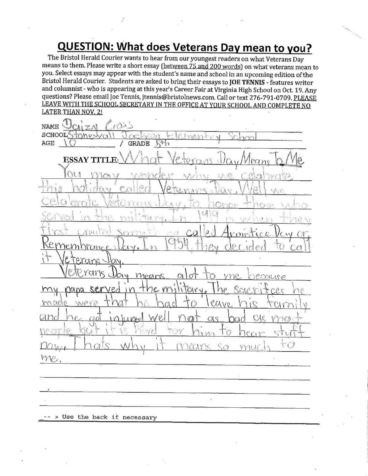 Veterans Day Essays From Local Elementary School Students News Download Pdf Daizy Cross Grant Writing Services Atlanta also Global Warming Essay In English Purchase A Prepared Speeches Online