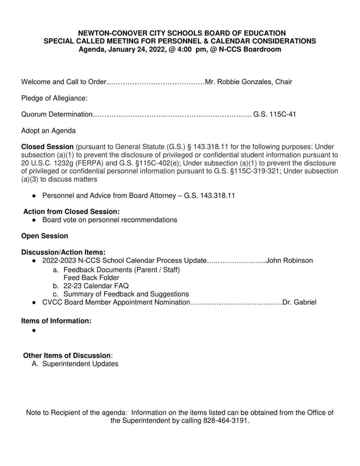 Newton-Conover City Schools Jan. 24 agenda