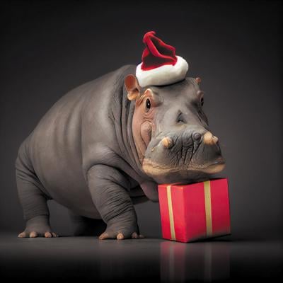 hippopotamus in santa claus hat with a christmas gift