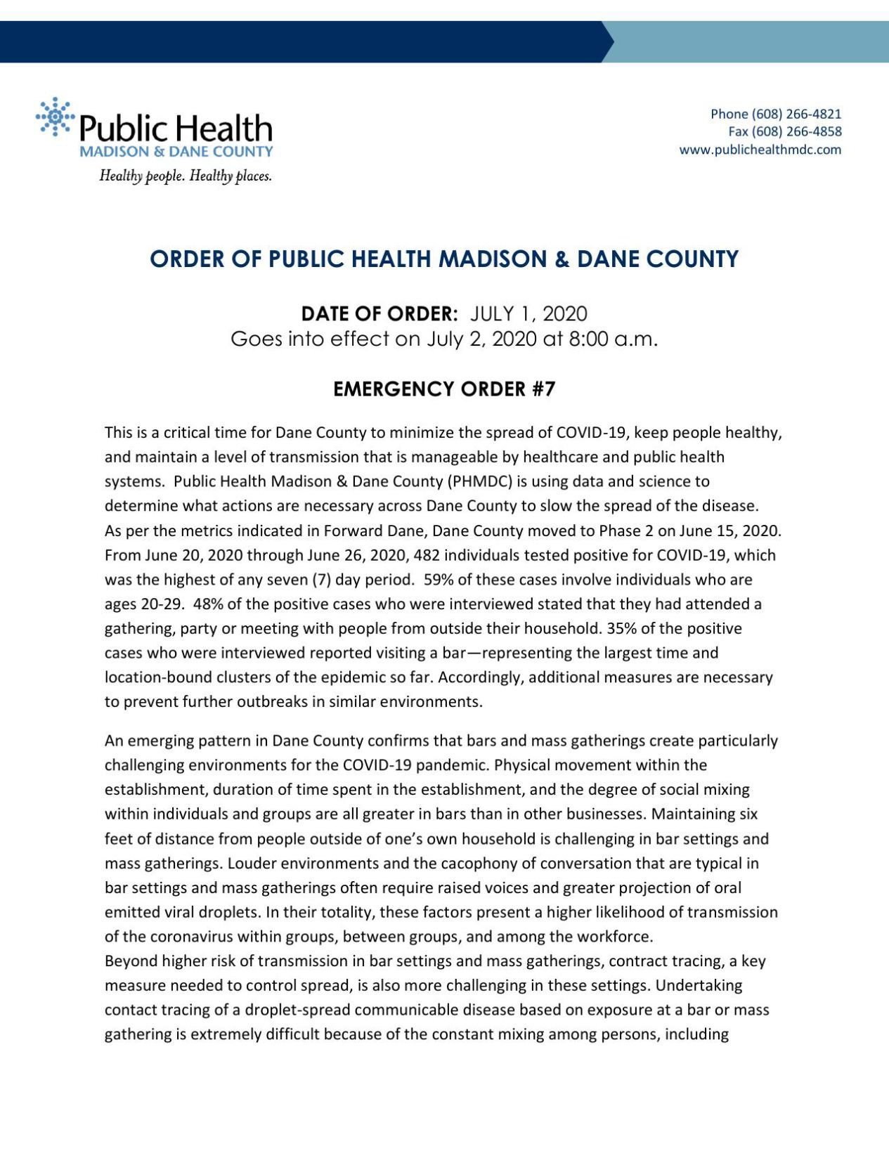 July 1 Madison Dane County Public Health order Cambridge News