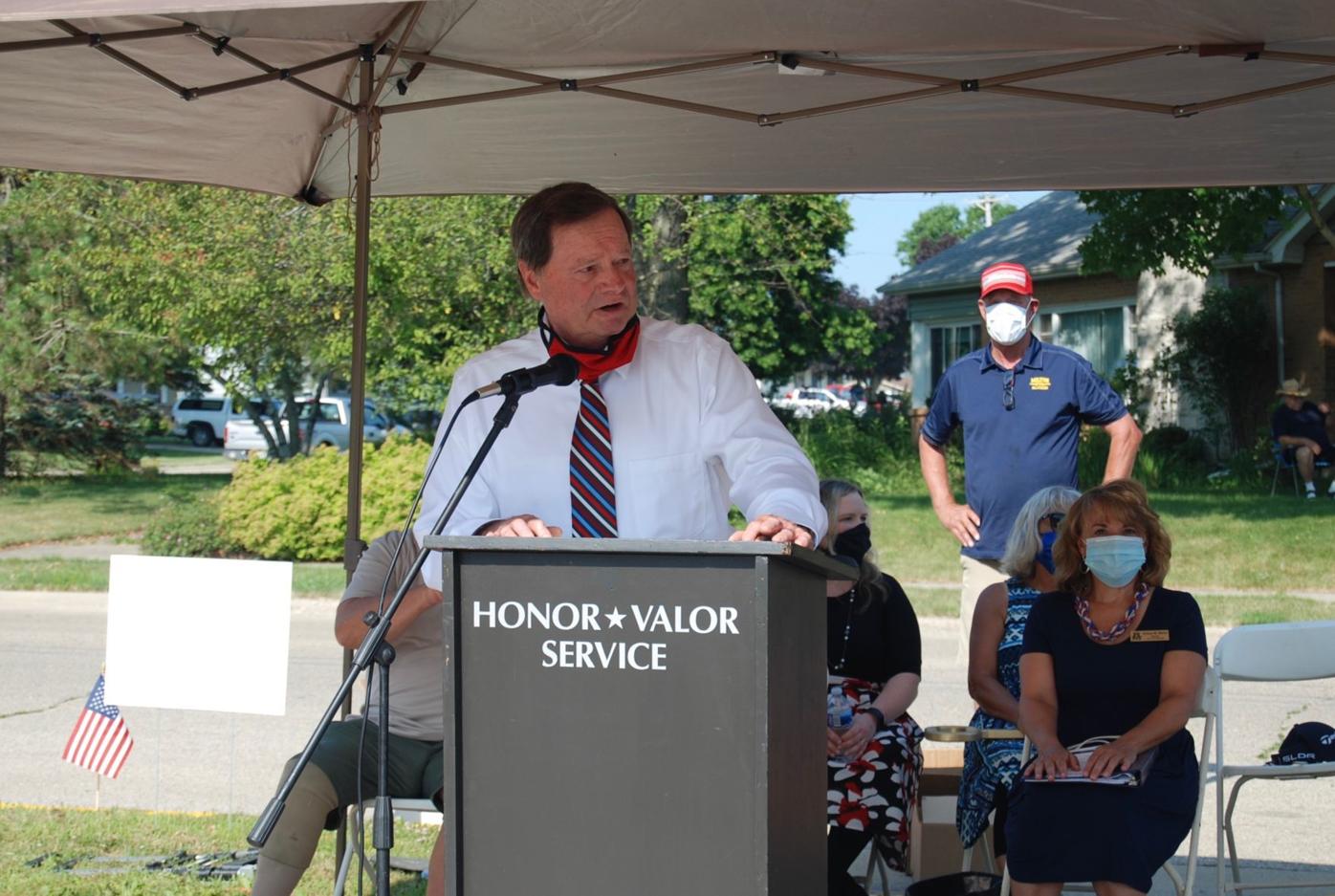 State Rep. Don Vruwink speaks during pavilion dedication