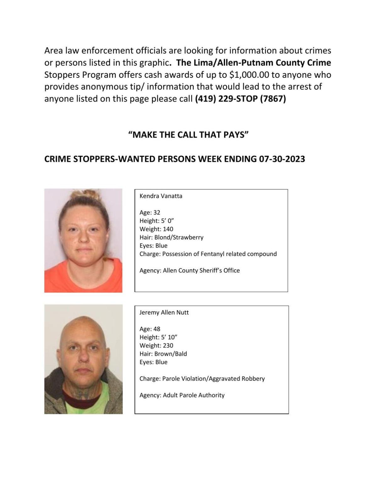 Lima/AllenPutnam County Crime Stoppers Wanted Persons of the Week