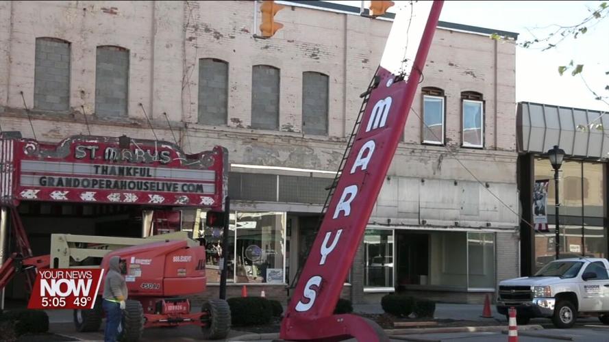 Work on the Saint Marys Theater marquee begins