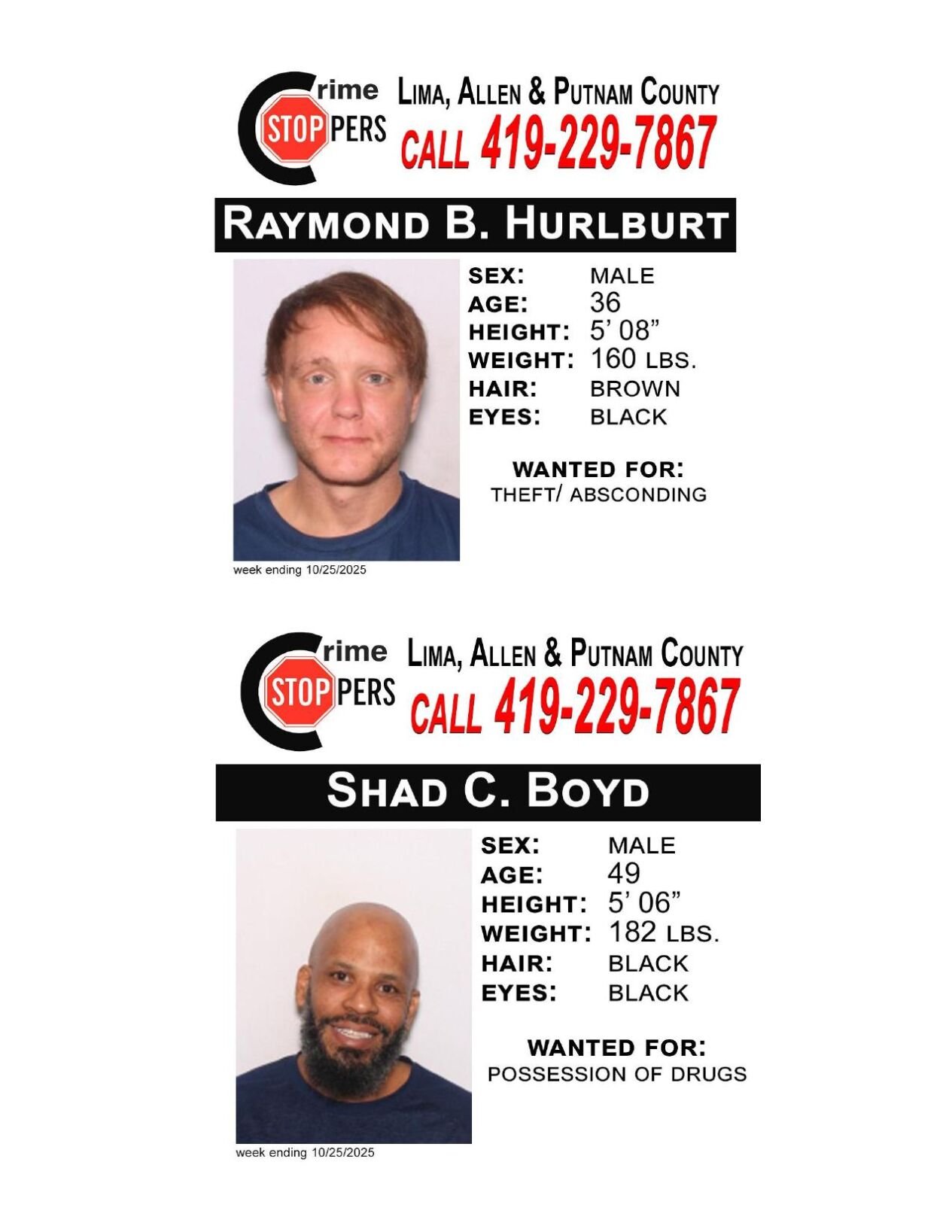Lima/Allen-Putnam County Crime Stoppers Wanted Persons of the Week - October 20, 2025