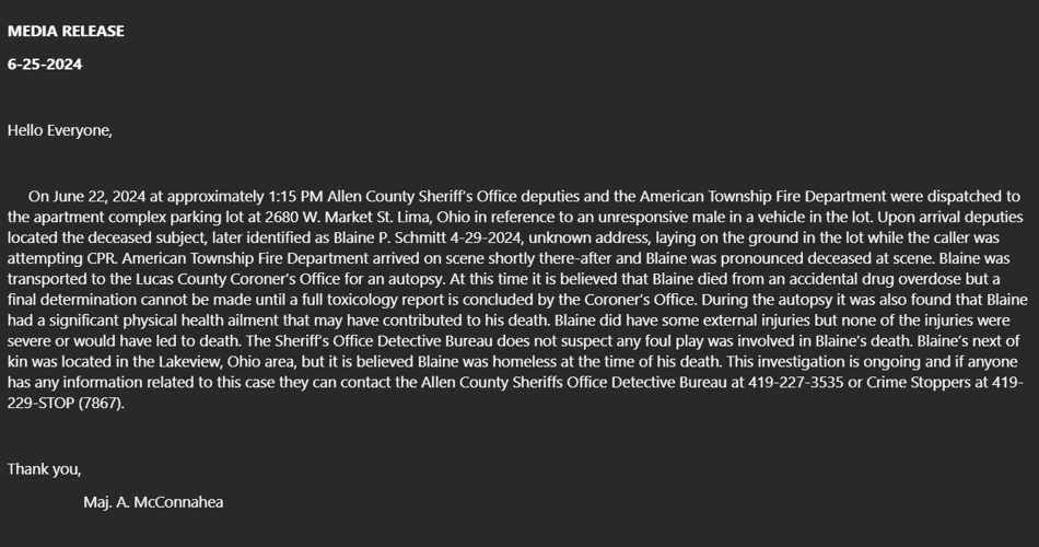 Media Release from the Allen County Sheriff's Office