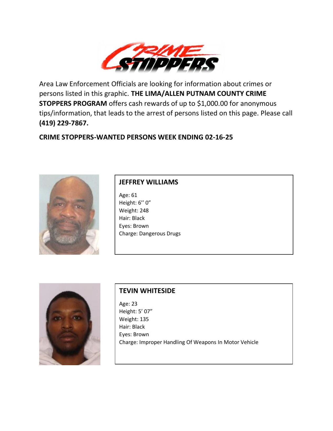 Lima/AllenPutnam County Crime Stoppers Wanted Persons of the Week